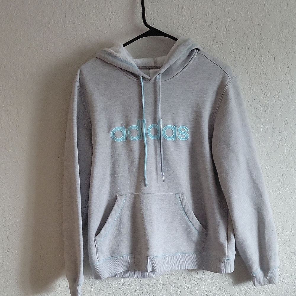 Adidas Light Gray Hoodie with Blue Logo